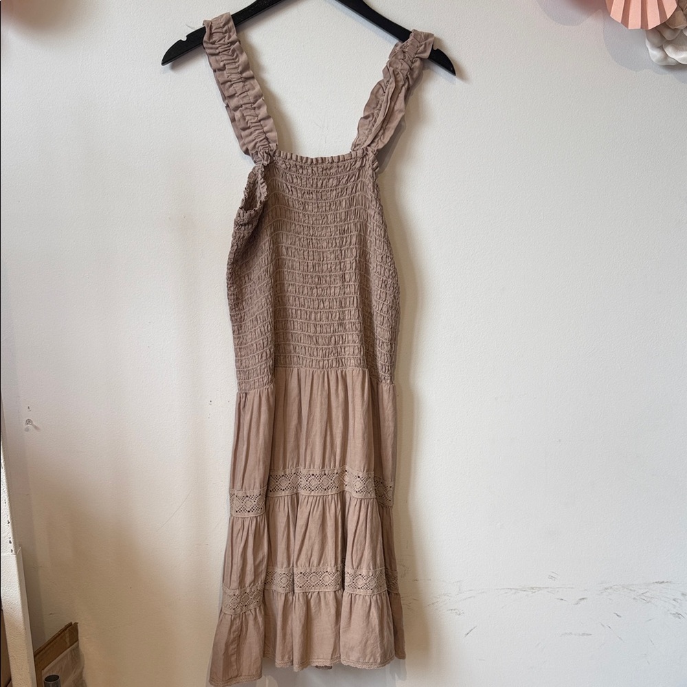 Red Haute Smocked Tiered Midi Dress in Taupe MEDIUM